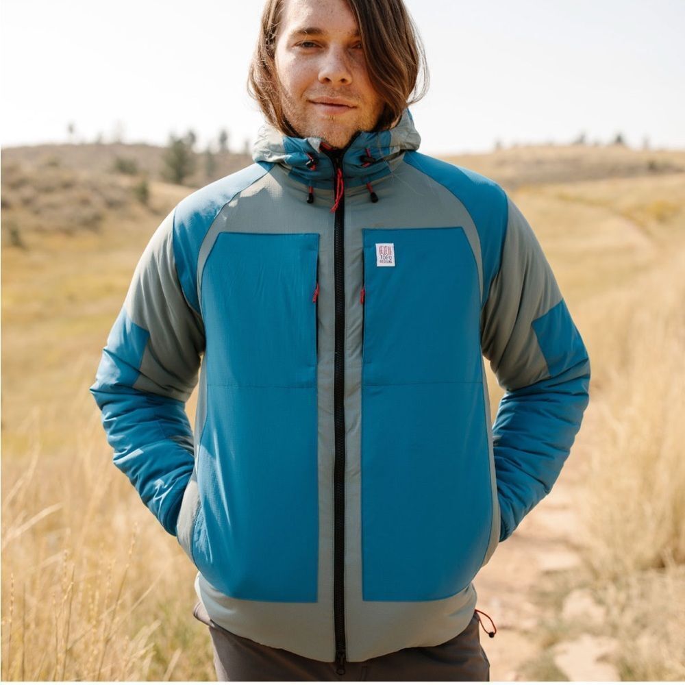 Topo Design Men's Mountain Puffer Hoodie Jacket Coat in Blue/slate Gray Size S